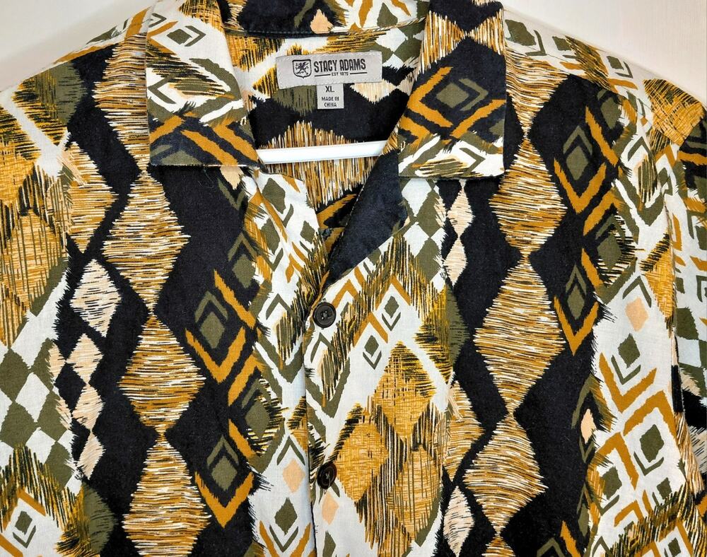 Stacy Adams Mens Retro Geometric Diamond Camp Shirt Linen Cotton Blend Size XL
